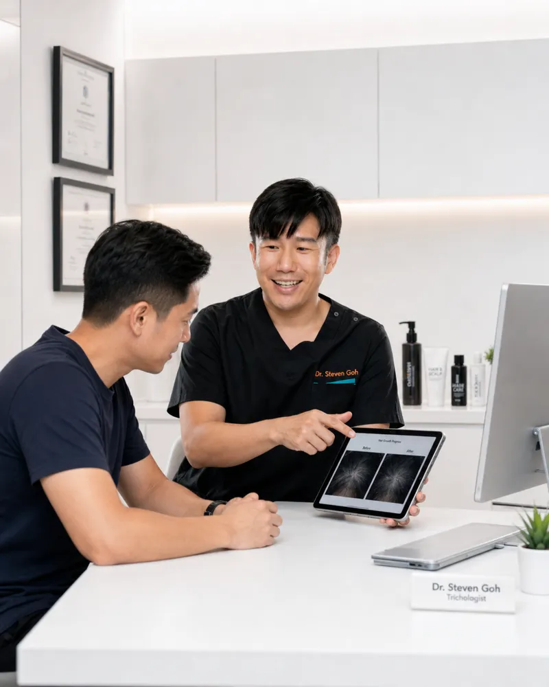 Dr. Steven Goh showing a client before and after scalp images
